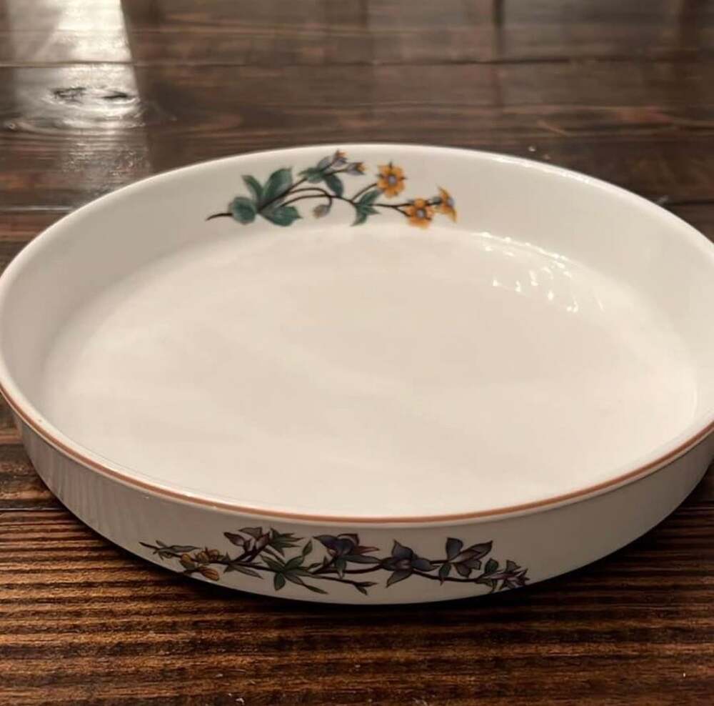 Woodhill Quiche Pie Tart Plate White with Botanical Floral Design and Brown Trim